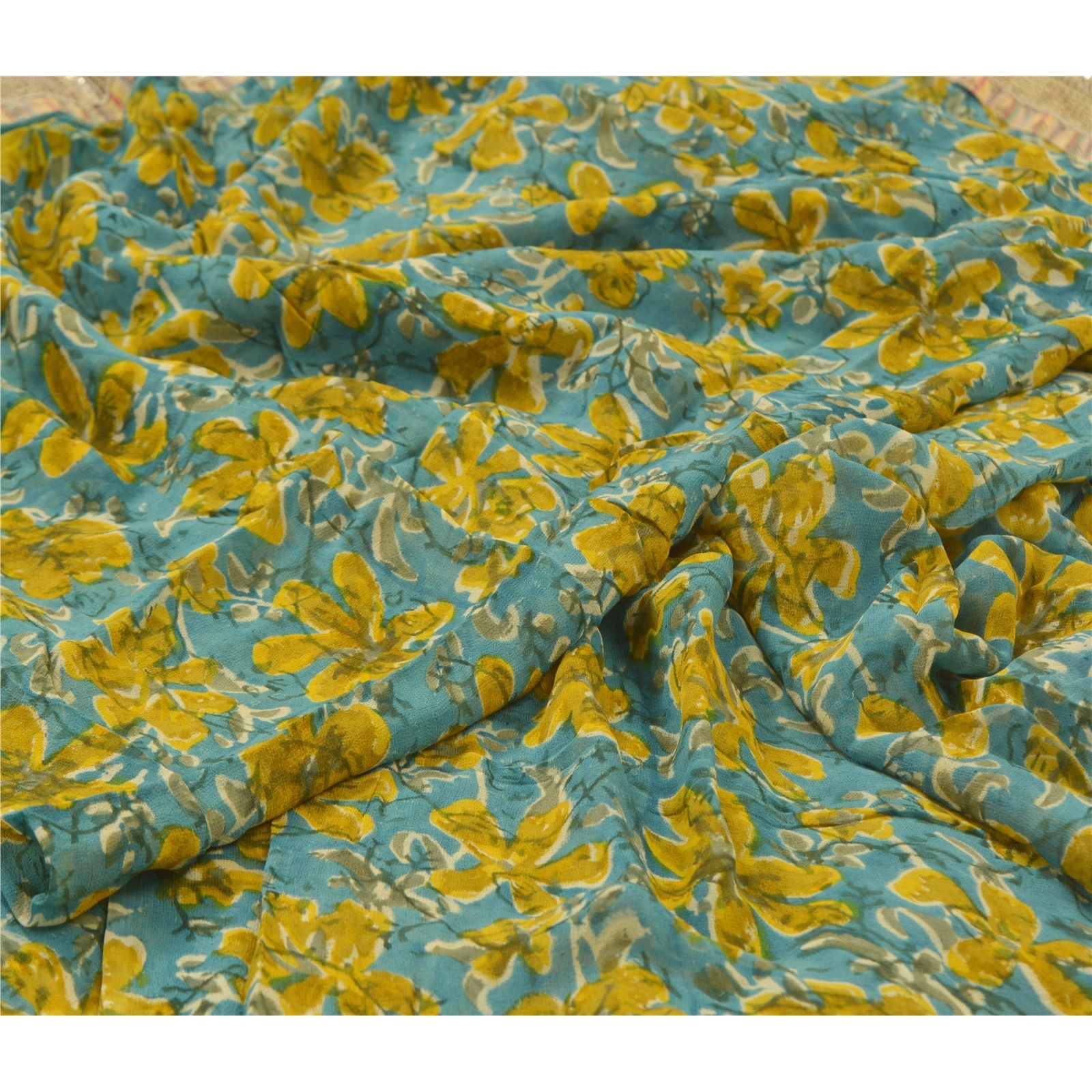 Sanskriti Vintage Blue Sarees Blend Georgette Floral Printed Sari Craft Fabric, PRG-9853-Blue-Printed Floral Design-Blend Georgette-3