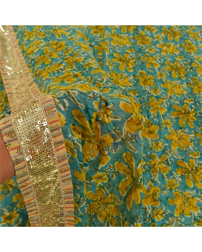 Sanskriti Vintage Blue Sarees Blend Georgette Floral Printed Sari Craft Fabric, PRG-9853-Blue-Printed Floral Design-Blend Georgette-5