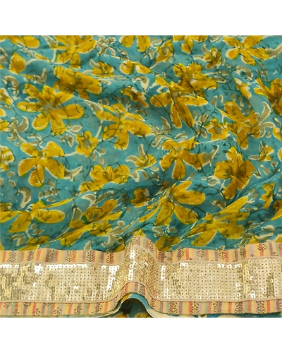 Sanskriti Vintage Blue Sarees Blend Georgette Floral Printed Sari Craft Fabric, PRG-9853-Blue-Printed Floral Design-Blend Georgette-7