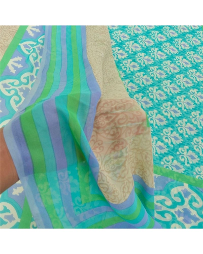 Sanskriti Vintage Green Sarees Pure Georgette Silk Printed Sari 5Yd Craft Fabric, PRG-9862-Green-Printed Floral Design-Pure Georgette Silk-5