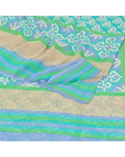 Sanskriti Vintage Green Sarees Pure Georgette Silk Printed Sari 5Yd Craft Fabric, PRG-9862-Green-Printed Floral Design-Pure Georgette Silk-8
