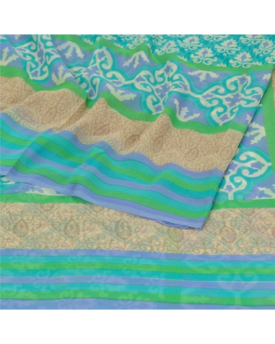 Sanskriti Vintage Green Sarees Pure Georgette Silk Printed Sari 5Yd Craft Fabric, PRG-9862-Green-Printed Floral Design-Pure Georgette Silk-10