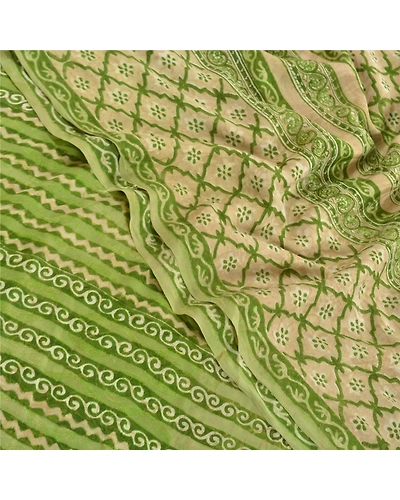 Sanskriti Vintage Green Sarees Pure Georgette Silk Printed Sari 5Yd Craft Fabric, PRG-9876-Green-Printed Floral Design-Pure Georgette Silk-1