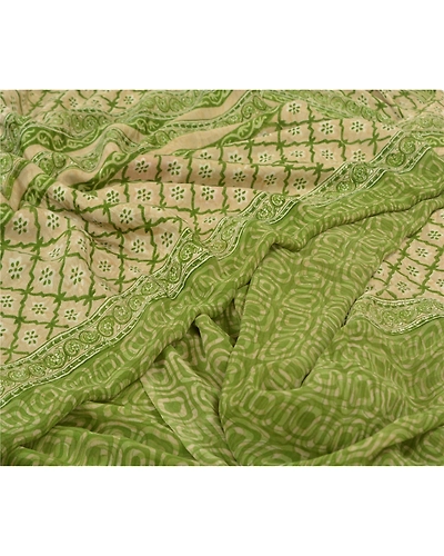 Sanskriti Vintage Green Sarees Pure Georgette Silk Printed Sari 5Yd Craft Fabric, PRG-9876-Green-Printed Floral Design-Pure Georgette Silk-3