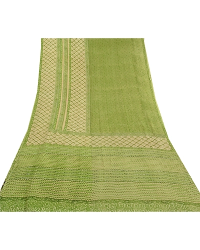 Sanskriti Vintage Green Sarees Pure Georgette Silk Printed Sari 5Yd Craft Fabric, PRG-9876-Green-Printed Floral Design-Pure Georgette Silk-9