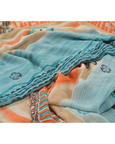 Sanskriti Vintage Sarees 100% Pure Georgette Silk Printed Sari 5Yd Craft Fabric, PRG-9893-Blue-Printed Floral Design-Pure Georgette Silk-3