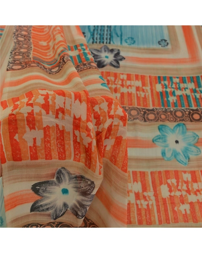 Sanskriti Vintage Sarees 100% Pure Georgette Silk Printed Sari 5Yd Craft Fabric, PRG-9893-Blue-Printed Floral Design-Pure Georgette Silk-5