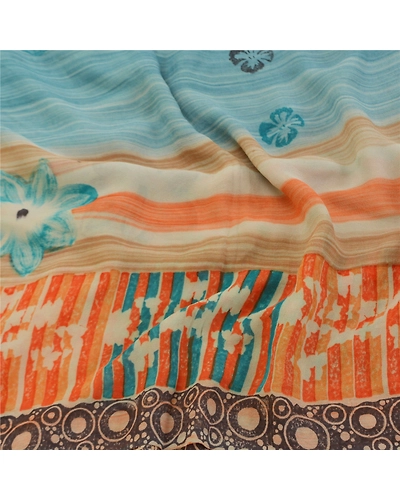 Sanskriti Vintage Sarees 100% Pure Georgette Silk Printed Sari 5Yd Craft Fabric, PRG-9893-Blue-Printed Floral Design-Pure Georgette Silk-7