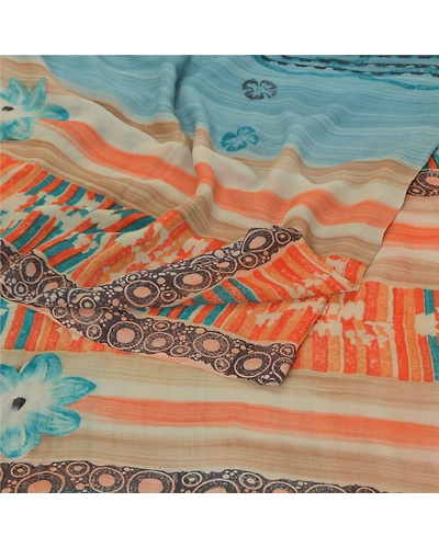 Sanskriti Vintage Sarees 100% Pure Georgette Silk Printed Sari 5Yd Craft Fabric, PRG-9893-Blue-Printed Floral Design-Pure Georgette Silk-8
