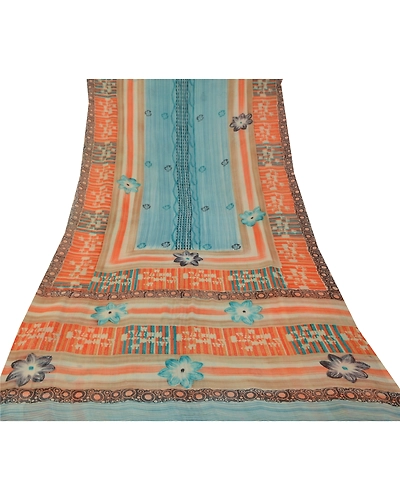 Sanskriti Vintage Sarees 100% Pure Georgette Silk Printed Sari 5Yd Craft Fabric, PRG-9893-Blue-Printed Floral Design-Pure Georgette Silk-9