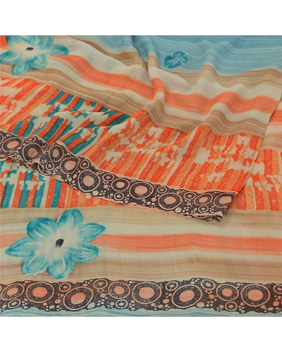 Sanskriti Vintage Sarees 100% Pure Georgette Silk Printed Sari 5Yd Craft Fabric, PRG-9893-Blue-Printed Floral Design-Pure Georgette Silk-10