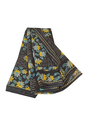 Sanskriti Vintage Black Sarees Blend Georgette Printed Sari 5Yd Craft Fabric, PRG-9915-Black-Printed Floral Design-Blend Georgette-2