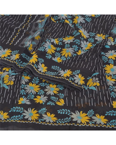 Sanskriti Vintage Black Sarees Blend Georgette Printed Sari 5Yd Craft Fabric, PRG-9915-Black-Printed Floral Design-Blend Georgette-3