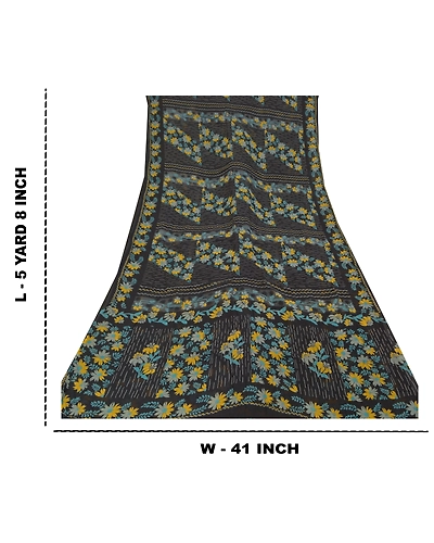 Sanskriti Vintage Black Sarees Blend Georgette Printed Sari 5Yd Craft Fabric, PRG-9915-Black-Printed Floral Design-Blend Georgette-4