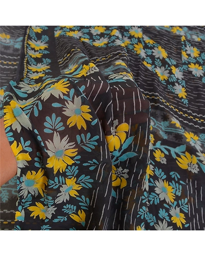 Sanskriti Vintage Black Sarees Blend Georgette Printed Sari 5Yd Craft Fabric, PRG-9915-Black-Printed Floral Design-Blend Georgette-5