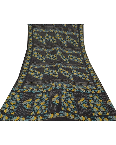 Sanskriti Vintage Black Sarees Blend Georgette Printed Sari 5Yd Craft Fabric, PRG-9915-Black-Printed Floral Design-Blend Georgette-9