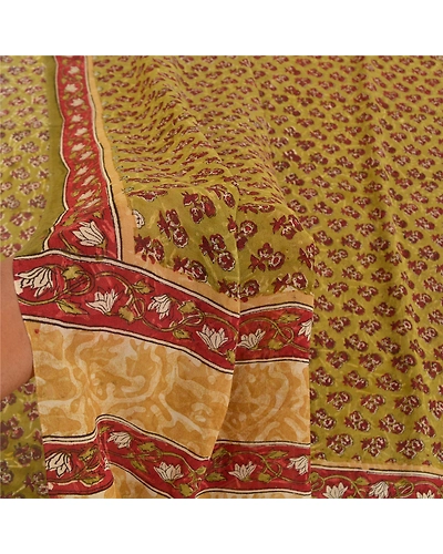 Sanskriti Vintage Green Sarees Pure 100% Georgette Printed Sari Craft Fabric, PRG-9919-Green-Printed Floral Design-Pure Georgette Silk-5