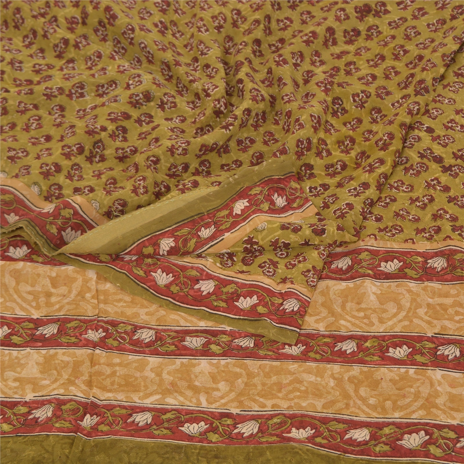 Sanskriti Vintage Green Sarees Pure 100% Georgette Printed Sari Craft Fabric, PRG-9919-Green-Printed Floral Design-Pure Georgette Silk-8