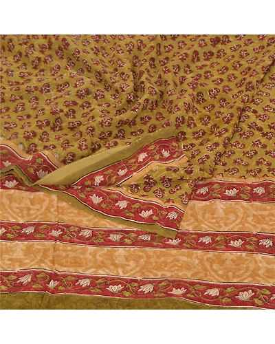 Sanskriti Vintage Green Sarees Pure 100% Georgette Printed Sari Craft Fabric, PRG-9919-Green-Printed Floral Design-Pure Georgette Silk-8