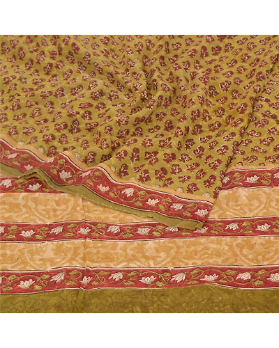Sanskriti Vintage Green Sarees Pure 100% Georgette Printed Sari Craft Fabric, PRG-9919-Green-Printed Floral Design-Pure Georgette Silk-10