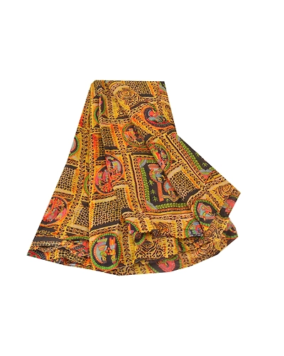 Sanskriti Vintage Mustard Sarees Blend Georgette Printed Sari Craft Fabric, PRG-9921-Mustard-Printed Human Figure Design-Blend Georgette Silk-2