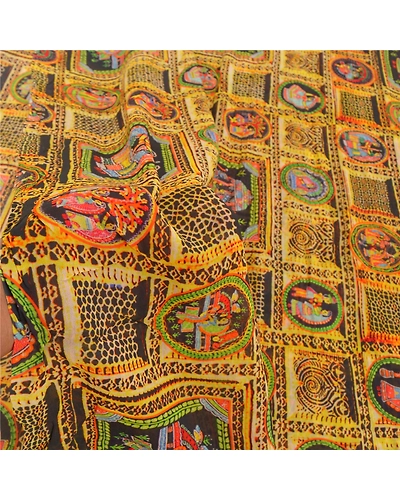 Sanskriti Vintage Mustard Sarees Blend Georgette Printed Sari Craft Fabric, PRG-9921-Mustard-Printed Human Figure Design-Blend Georgette Silk-4