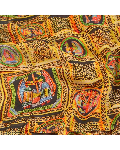 Sanskriti Vintage Mustard Sarees Blend Georgette Printed Sari Craft Fabric, PRG-9921-Mustard-Printed Human Figure Design-Blend Georgette Silk-6