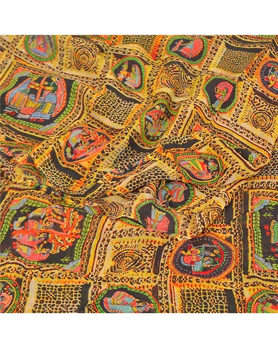 Sanskriti Vintage Mustard Sarees Blend Georgette Printed Sari Craft Fabric, PRG-9921-Mustard-Printed Human Figure Design-Blend Georgette Silk-7