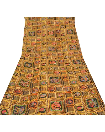 Sanskriti Vintage Mustard Sarees Blend Georgette Printed Sari Craft Fabric, PRG-9921-Mustard-Printed Human Figure Design-Blend Georgette Silk-8