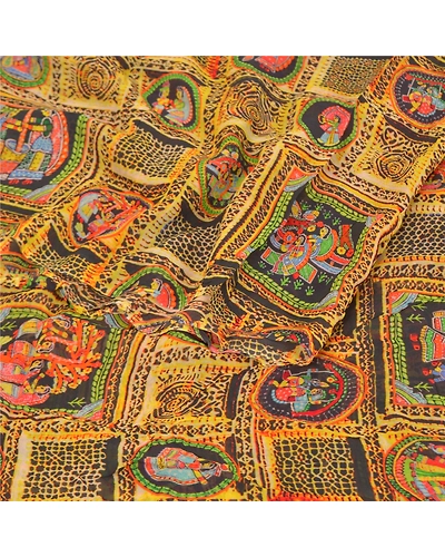 Sanskriti Vintage Mustard Sarees Blend Georgette Printed Sari Craft Fabric, PRG-9921-Mustard-Printed Human Figure Design-Blend Georgette Silk-9