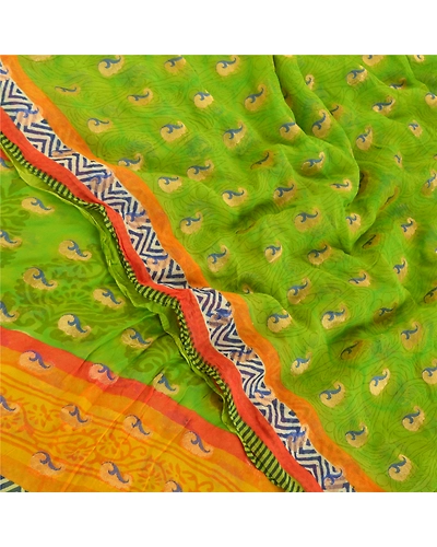 Sanskriti Vintage Green Sarees Blend Georgette Printed Sari Craft Fabric, PRG-9929-Green-Printed Floral Design-Blend Georgette-1