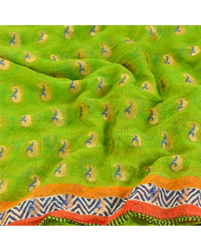 Sanskriti Vintage Green Sarees Blend Georgette Printed Sari Craft Fabric, PRG-9929-Green-Printed Floral Design-Blend Georgette-7