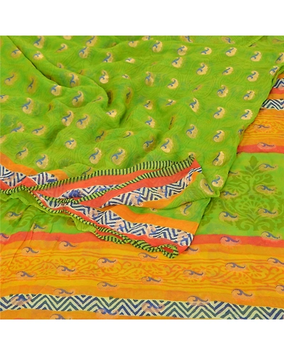 Sanskriti Vintage Green Sarees Blend Georgette Printed Sari Craft Fabric, PRG-9929-Green-Printed Floral Design-Blend Georgette-8