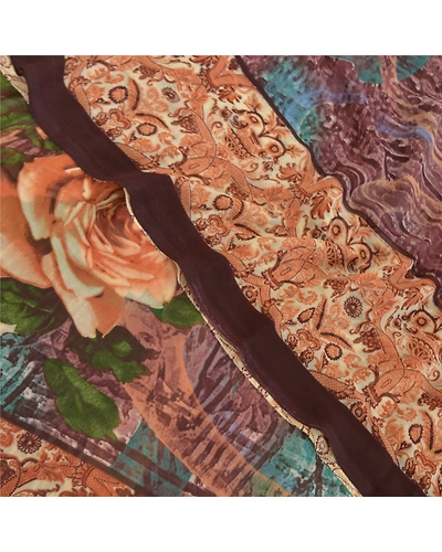Sanskriti Vintage Beige Sarees Poly Georgette Printed Sari Craft Fabric, PRG-9931-Beige-Printed Floral Design-Poly-Georgette-1