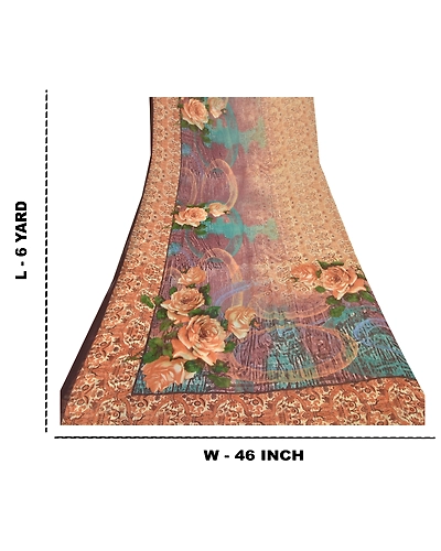Sanskriti Vintage Beige Sarees Poly Georgette Printed Sari Craft Fabric, PRG-9931-Beige-Printed Floral Design-Poly-Georgette-4