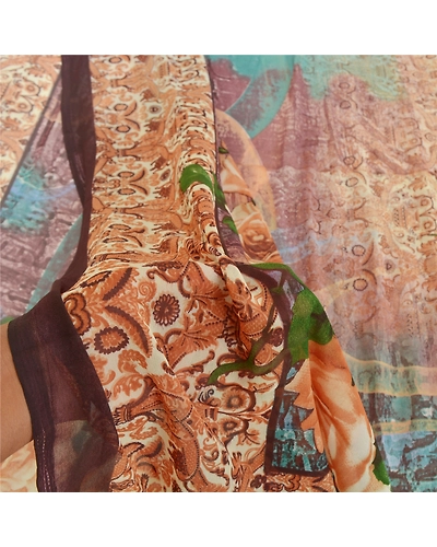 Sanskriti Vintage Beige Sarees Poly Georgette Printed Sari Craft Fabric, PRG-9931-Beige-Printed Floral Design-Poly-Georgette-5