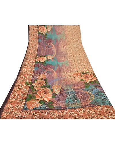 Sanskriti Vintage Beige Sarees Poly Georgette Printed Sari Craft Fabric, PRG-9931-Beige-Printed Floral Design-Poly-Georgette-9