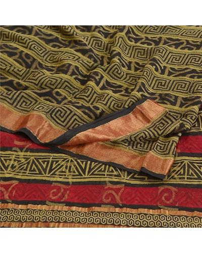 Sanskriti Vintage Olive Green Sarees Pure Georgette Printed Sari Craft Fabric, PRG-9934-Olive Green-Printed Floral Design-Pure Georgette Silk-8
