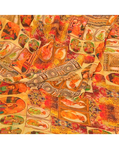 Sanskriti Vintage Yellow Sarees Blend Georgette Printed Sari Craft Fabric, PRG-9936-Yellow-Printed Floral Design-Blend Georgette Silk-7
