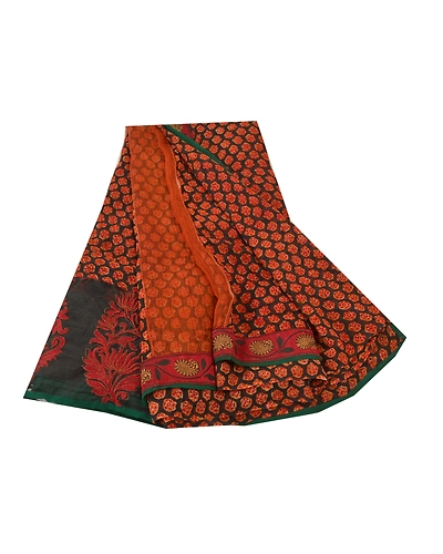 Sanskriti Vintage Orange Sarees 100% Pure Georgette Printed Sari Craft Fabric, PRG-9940-Orange-Printed Floral Design-Pure Georgette Silk-2