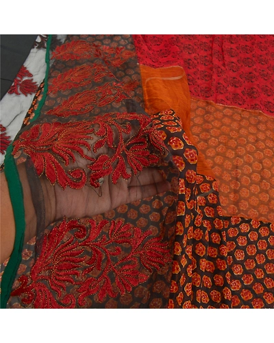 Sanskriti Vintage Orange Sarees 100% Pure Georgette Printed Sari Craft Fabric, PRG-9940-Orange-Printed Floral Design-Pure Georgette Silk-5