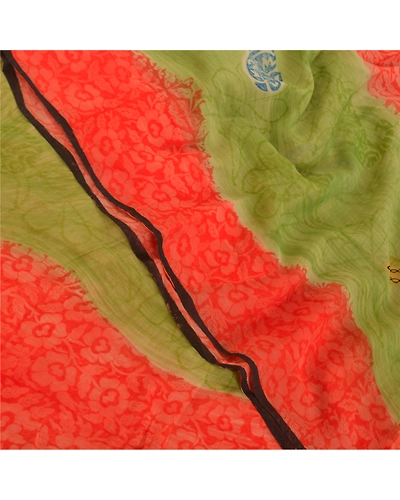 Sanskriti Vintage Green Sarees 100% Pure Georgette Printed Sari 5Yd Craft Fabric, PRG-9947-Green &amp; Orange-Printed Floral Design-Pure Georgette Silk-1