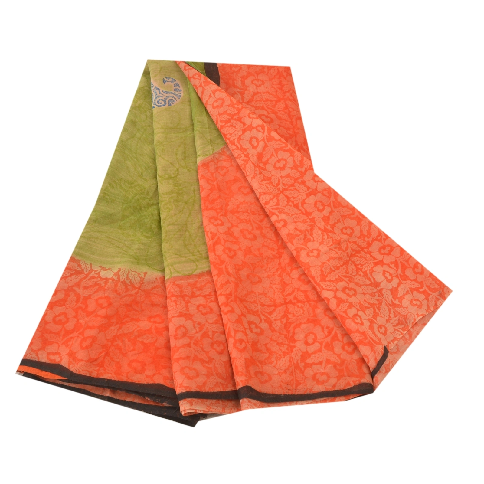 Sanskriti Vintage Green Sarees 100% Pure Georgette Printed Sari 5Yd Craft Fabric, PRG-9947-Green &amp; Orange-Printed Floral Design-Pure Georgette Silk-2