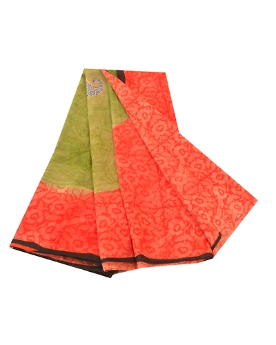 Sanskriti Vintage Green Sarees 100% Pure Georgette Printed Sari 5Yd Craft Fabric, PRG-9947-Green &amp; Orange-Printed Floral Design-Pure Georgette Silk-2