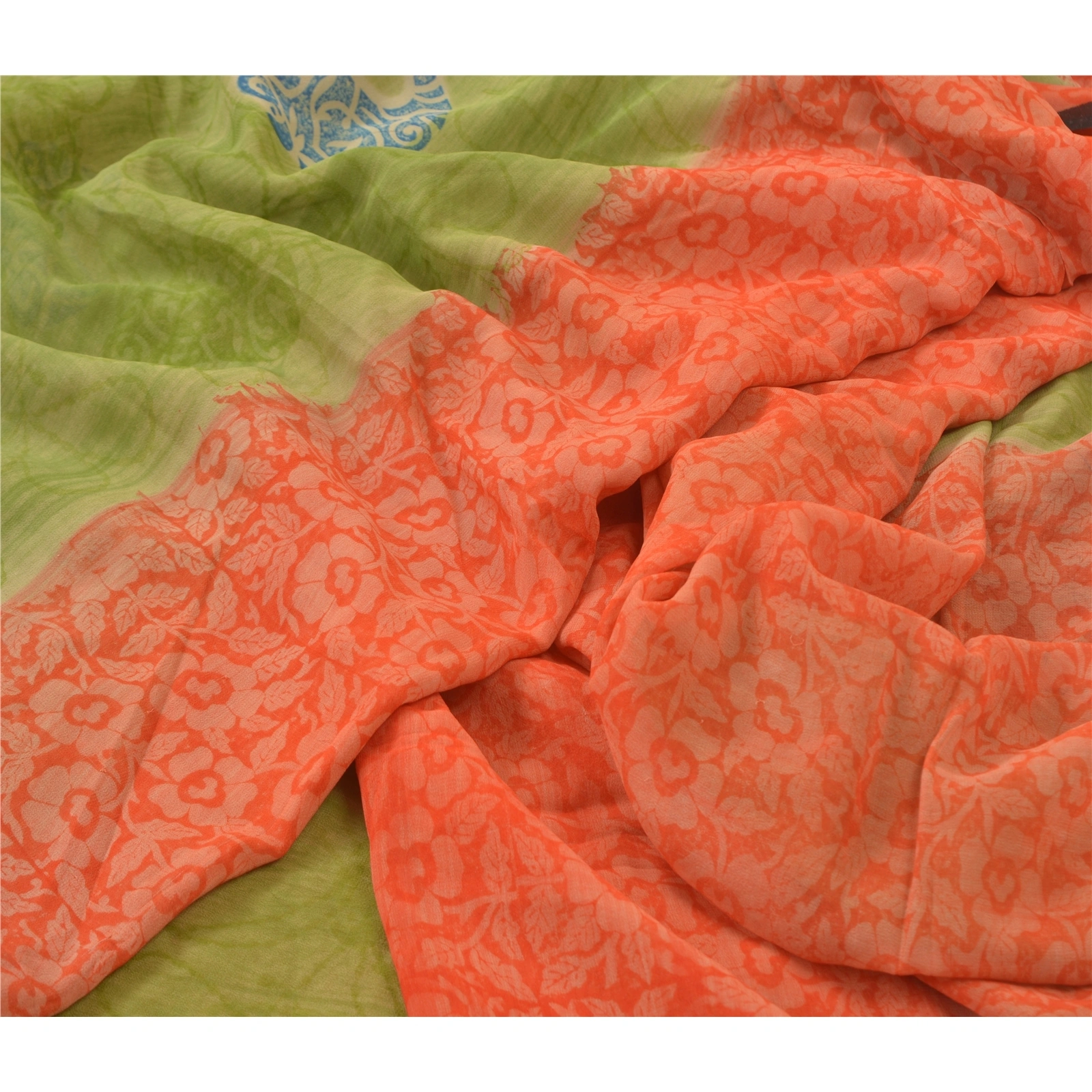 Sanskriti Vintage Green Sarees 100% Pure Georgette Printed Sari 5Yd Craft Fabric, PRG-9947-Green &amp; Orange-Printed Floral Design-Pure Georgette Silk-3