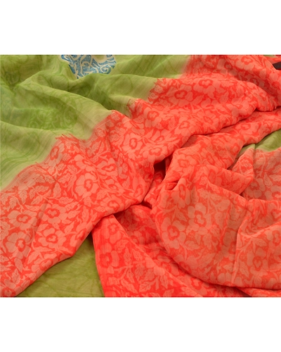 Sanskriti Vintage Green Sarees 100% Pure Georgette Printed Sari 5Yd Craft Fabric, PRG-9947-Green &amp; Orange-Printed Floral Design-Pure Georgette Silk-3