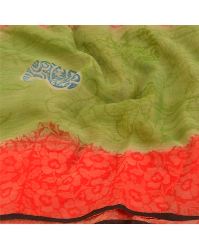 Sanskriti Vintage Green Sarees 100% Pure Georgette Printed Sari 5Yd Craft Fabric, PRG-9947-Green &amp; Orange-Printed Floral Design-Pure Georgette Silk-7