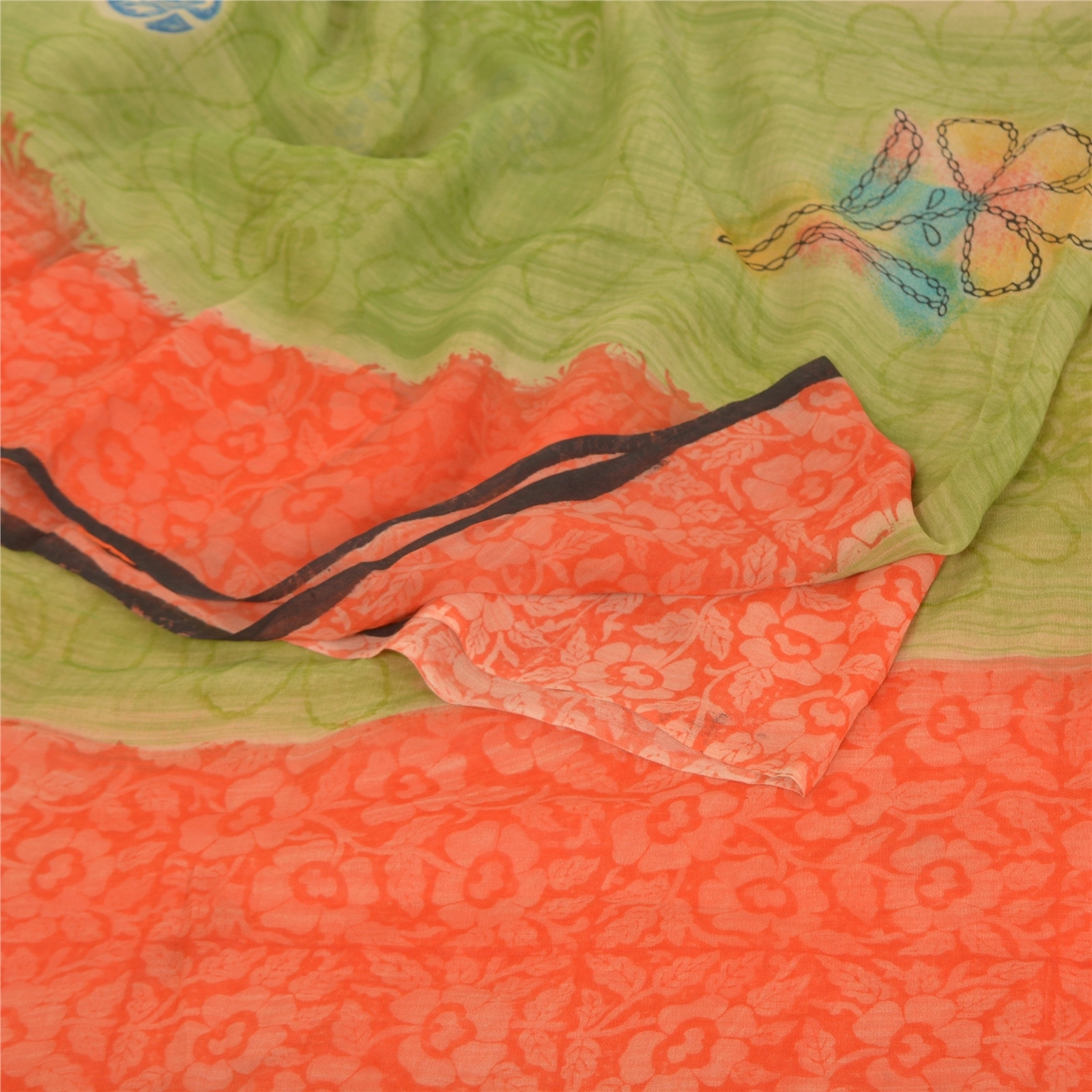 Sanskriti Vintage Green Sarees 100% Pure Georgette Printed Sari 5Yd Craft Fabric, PRG-9947-Green &amp; Orange-Printed Floral Design-Pure Georgette Silk-8