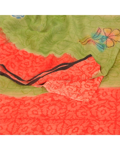 Sanskriti Vintage Green Sarees 100% Pure Georgette Printed Sari 5Yd Craft Fabric, PRG-9947-Green &amp; Orange-Printed Floral Design-Pure Georgette Silk-8