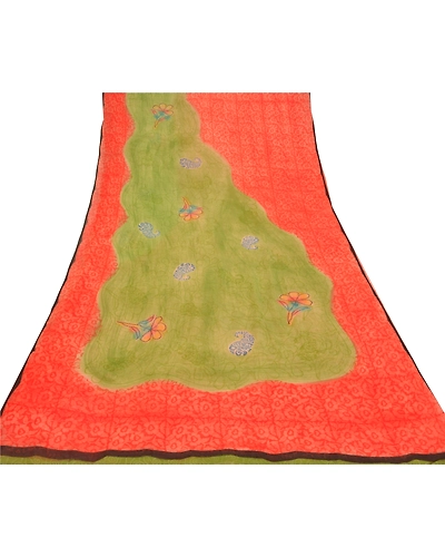Sanskriti Vintage Green Sarees 100% Pure Georgette Printed Sari 5Yd Craft Fabric, PRG-9947-Green &amp; Orange-Printed Floral Design-Pure Georgette Silk-9